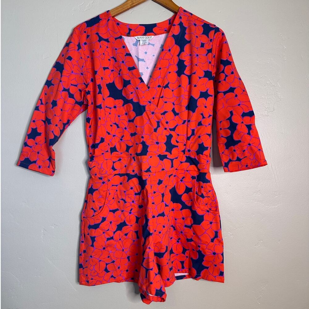 Mahi Gold Riptide Romper Red and Navy Floral Medium